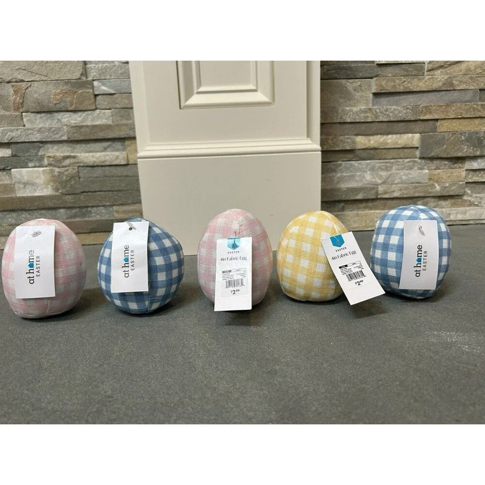 At Home Easter Fabric Egg Figurine Set Pink Blue Yellow Seasonal Decor